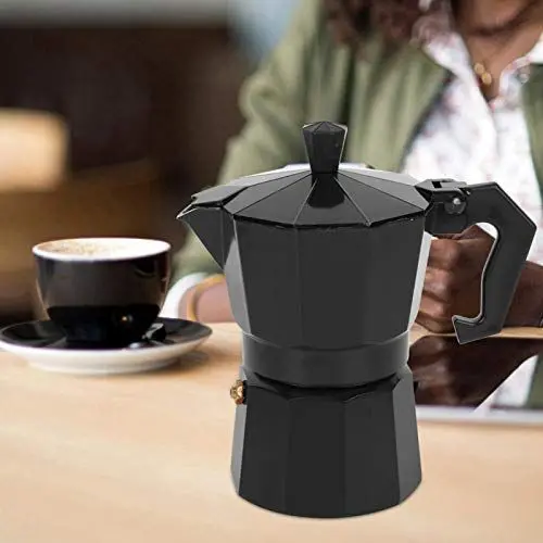 Produktbild: 01 Kaffeemaschinenkanne 150ml, 3-Tassen-Expresso-Kaffeemaschine, Aluminium Kaffeekocher Mokkakanne, Italienische Kaffeemaschine, für Camping Home Office Coffee Shop(Schwarz)