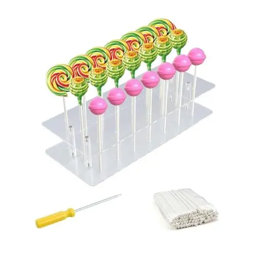 Produktbild: 0XBIT Cake Pop Stiele, Cake Pop Ständer, 21-Loch-Acryl-Pops-Ständer mit 100 Papierstäbchen zum Dekorieren und Präsentieren von Cake Pops
