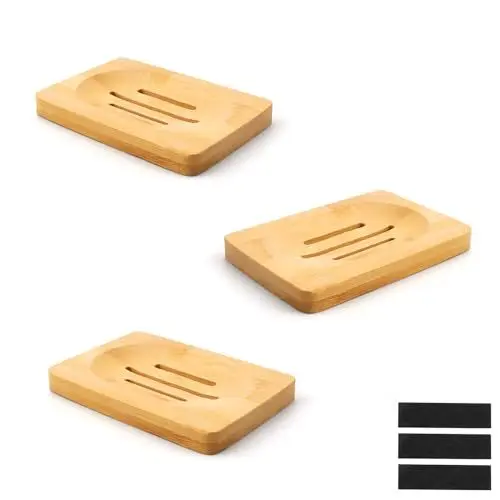 Produktbild: 0XBIT Seifenablage, 3 Stück Naturholz-Seifenhalter, Seifenschale mit Ablauf, Seifenschale mit Anti-Rutsch-Matte, geeignet für Bad und Küche