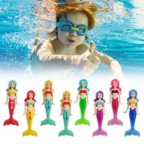 Produktbild: 0XBIT Tauchspielzeug für Kinder, 8 Stück Pool Spielzeug Kinder, Enthält 4 Stück des Neuen Transparenten Meeresjungfrau Spielzeugs, Schwimmbad Spielzeug für Unterwasserspiel und Tauchtraining