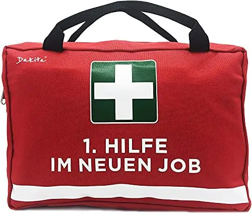Produktbild: 1. Hilfe Tasche zum Abschied von Kollegen - 28x18x8cm groß | Lustiges Geschenk zum Abschied von Kollegin zum Jobwechsel | Ideales Abschiedsgeschenk für Arbeitskollegen (Ohne Inhalt, rot - neuer Job)