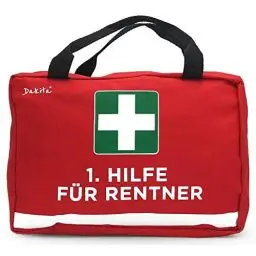 Produktbild: 1. Hilfe Tasche zur Rente - 28x18x8cm groß | Lustiges Rentner Geschenk zum Ruhestand Abschied für Kollegen | Ideales Abschiedsgeschenk für Rentner zum Renteneintritt (rot, ohne Inhalt)