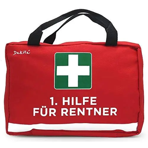 Produktbild: 1. Hilfe Tasche zur Rente - 28x18x8cm groß | Lustiges Rentner Geschenk zum Ruhestand Abschied für Kollegen | Ideales Abschiedsgeschenk für Rentner zum Renteneintritt (rot, ohne Inhalt)