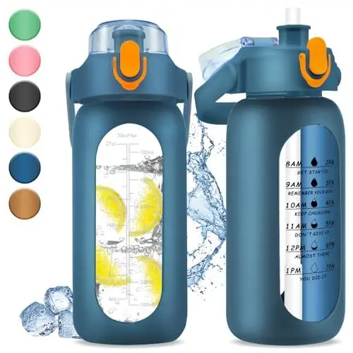 Produktbild: 1 Liter Glas-Wasserflasche mit Zeitmarkierung - 1000ml große Sport-Motivations-Wasserflaschen mit Griff & Silikonhülle, 1 Liter auslaufsichere Mess-Trinkflasche für Fitness Workout (Blau)