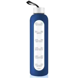 Produktbild: 1 Liter Glas Wasserflasche mit Edelstahldeckel, 1000ml Sport-Trinkflasche mit Zeitmarkierung, wiederverwendbare Silikonhülle Flasche für Fitnessstudio, Outdoor-Aktivitäten, Reisen Workout (Dunkelblau)