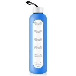 Produktbild: 1 Liter Glas Wasserflasche mit Edelstahldeckel, 1000ml Sport-Trinkflasche mit Zeitmarkierung, wiederverwendbare Silikonhülle Flasche für Fitnessstudio, Outdoor-Aktivitäten, Reisen Workout (Hellblau)
