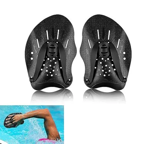 Produktbild: 1 Paar Handpaddel zum Schwimmen Schwimmen Paddel mit verstellbaren Riemen, Power Strength Trainingshilfe Pool Übungsgeräte Zubehör für Erwachsene Kinder Unisex(Schwarz)