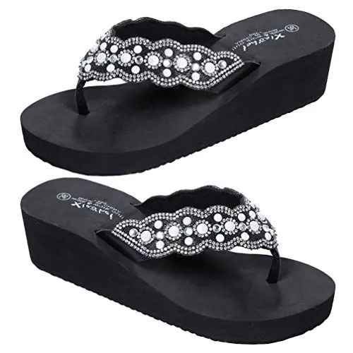 Produktbild: USHOBE Damen Hoher Keil Strand Sandalen Pearl Diamantschuhe Flip Flops Plattform Dicke Sohle Heered Schuhe
