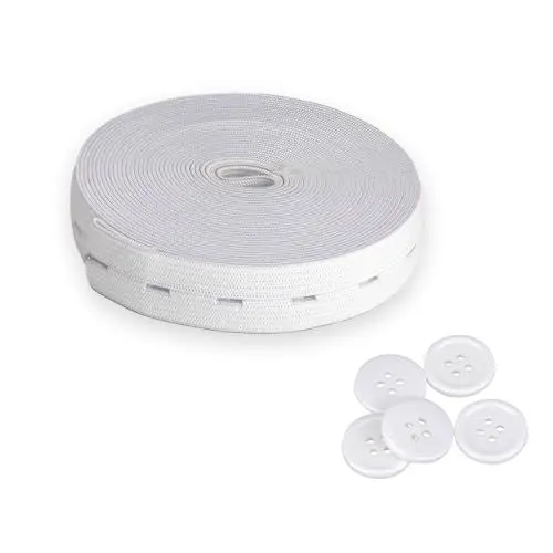 Produktbild: QUIIEOSKIA 1 Rolle elastischer Gummiband, 19 mm x 5 m nähen Gummiband, Knopf, Schlauchrippen, geflochtene 5 Knöpfe mit 5 Tasten (Weiß)