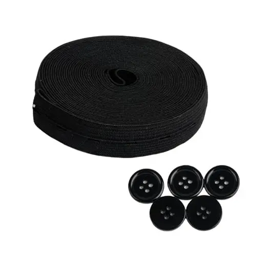 Produktbild: 1 Rolle Elastisches Gummiband Nähen, 19mm x 5m Gummiband zum Nähen, Gummiband mit Knopfösen, Knopfloch Gummiband, Knopflochgummi schwarz für Hosenrock Stirnband Nähen Stricken, mit 5 schwarz Knöpfe