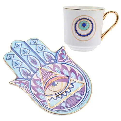 Produktbild: Zerodeko Handgemachte Keramik Becher Untertasse Set Türkische Kaffeetasse für Büro Personalisierte Kaffeetasse Griff