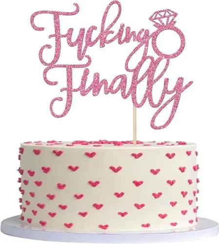 Produktbild: 1 Stück Fucking Finally Tortendeko Glitzer Diamantring Witzige Hochzeit Verlobung Kuchen Deko für Braut Hochzeit Cupcake Dekoration Party Supplies Rosa
