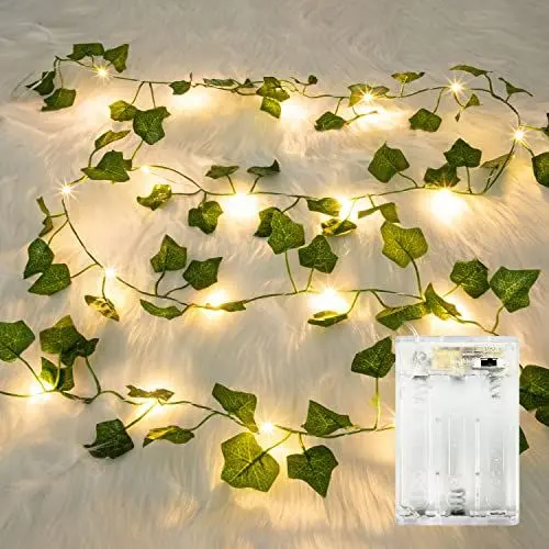 Produktbild: 1 Stück LED Lichterkette Efeu Künstlich, 2M Fake Efeu Girlande mit 20 LED-Licht Batterie mit Timing-Funktion, Lichterkette mit Blumengirlande Hängend Pflanzen für Innenberei,Hochzeit, Party Deko