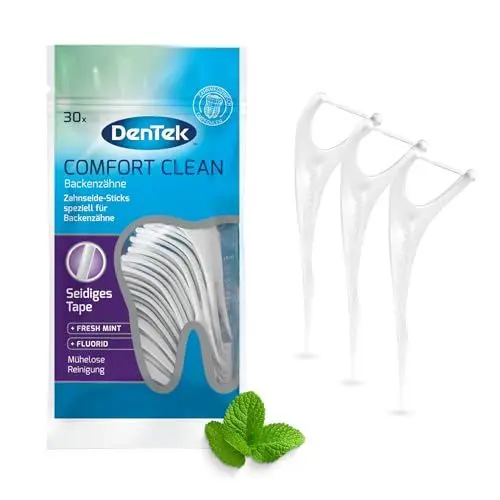 Produktbild: 1 x 30 Stk. Dentek Comfort Clean Zahnseide Sticks, speziell für Backenzähne - Zahnreinigung der hinteren Zahnzwischenräume - Minzgeschmack - Fluorid - Zahnstocher , 30 Stück (1er Pack)