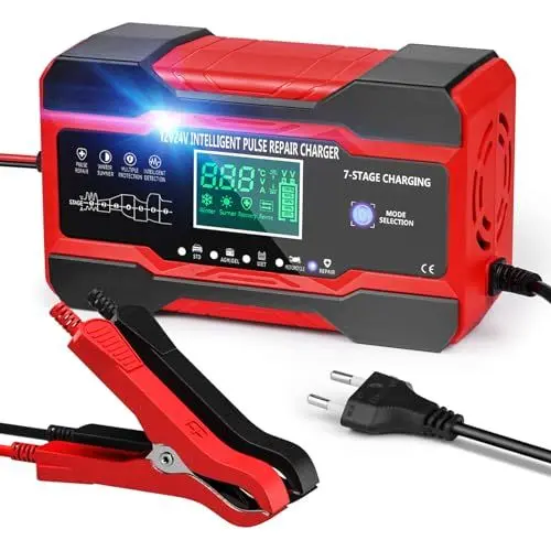 Produktbild: 10 A Autobatterie Ladegerät 10A 12V 24V Smart Vollautomatische KFZ Batterieladegerät LCD Touchscreen Temperaturkompensation Reparaturmodus Ladegerät für Auto Motorrad Kleintransporter