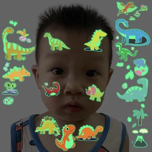 Produktbild: 10 Blätter Leucht Tattoo Kinder, Dino Tattoo Kinder, Glitzer Tattoo Set für Kinder Jungen, Dinosaurier Temporäre Tattoos Aufkleber, Dino Geschenke Spielzeug, Einschulung Zuckertüte Schultüte Füllung