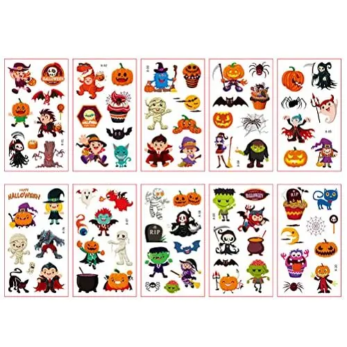 Produktbild: 10 Blatt Halloween Tattoo Aufkleber Halloween Cartton Aufkleber Kürbis Hexe Geist Spinnennetz Fledermaus Temporäre Tattoo Aufkleber Kinder (B)