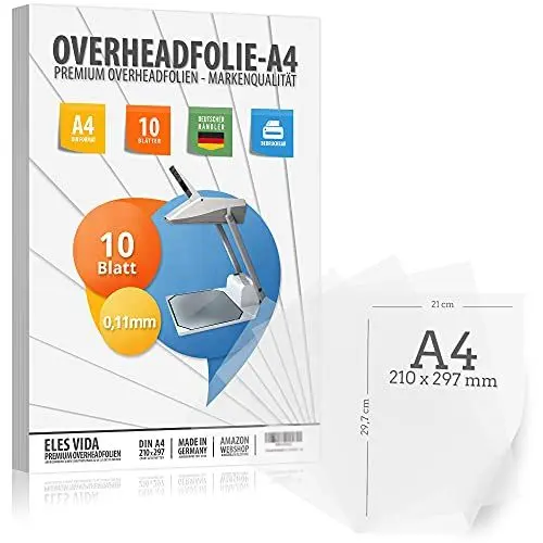 Produktbild: 10 Blatt Overheadfolie PEMIUM - DIN A4 transparent - Für LASERdrucker, Kopierer - OHP Folien extra dick - Hochwertige Druck- und Projektions-Qualität - MADE IN GERMANY