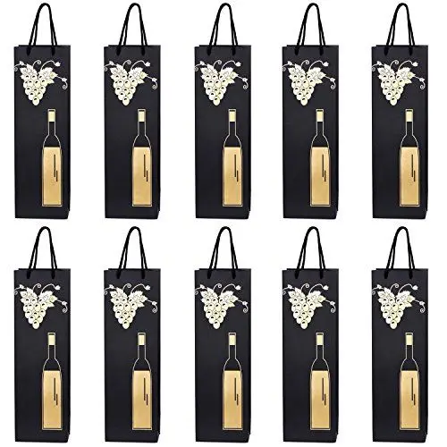 Produktbild: 10 Flaschentüten Geschenktüten für Wein Prosecco und Champagner 40 x 12 x 9 cm Weinrebe mit Weinflasche gold