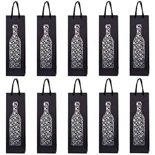 Produktbild: 10 Flaschentüten Geschenktüten für Wein Prosecco und Champagner 40 x 12 x 9 cm silberne Weinflasche mit Blumen
