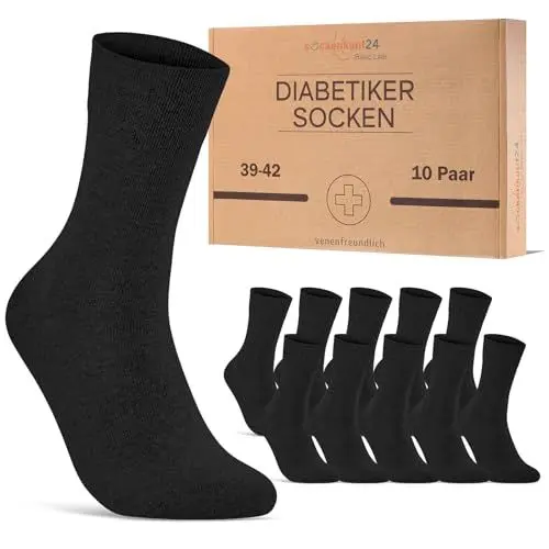 Produktbild: 10 Paar Diabetikersocken für Herren & Damen ohne Gummibund & ohne Naht aus Baumwolle Diabetiker Socken mit Komfortbund ohne Gummi 70208T (Schwarz 43-46) WP