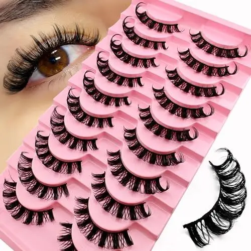 Produktbild: 10 Paare 3D Künstliche Wimpern Russische Falsche Natürlicher Look, Curly Cat Eye Lashes D Curl mit Natürlichem Wispy-Volumen Katzenauge Wimpern(S011)