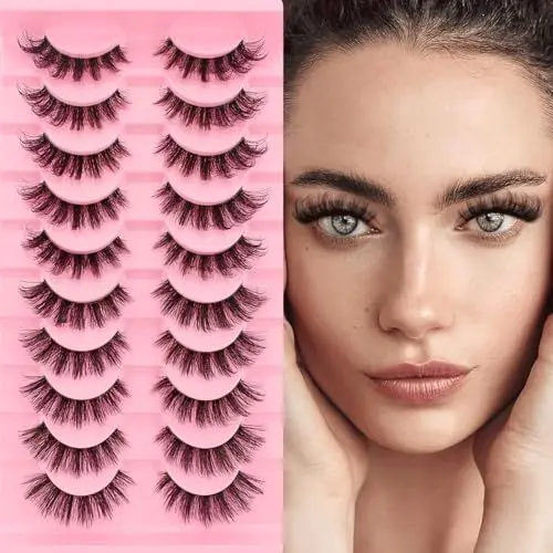 Produktbild: 10 Paare Clear Band Künstliche Wimpern Katzenauge, 15mm Flauschiges Cat-Eye Russische Volume Strip Lashes D Curly Wispy Falsche Wimpern Natural Look Wimpern Extensions(033)