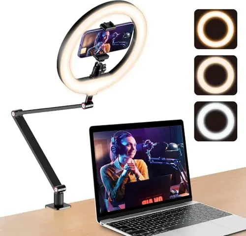 Produktbild: 10'' Ringlicht für Schreibtisch mit Ständer und Telefonhalter, Overhead Stativ Ringlicht, Videokonferenzlicht mit verstellbarem Schreibtischarmständer für YouTube,TikTok, Arbeit für Telefon, Webcam