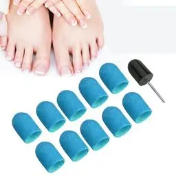 Produktbild: 10 Schleifkappen + 1 Kappenträger Set, Elektrischer Nagelbohrer Pediküre Maschinenzubehör, Kappenschleifer Nagelfräser Aufsatz Set aus Quarz und Edelstahl für Nagel und Fußpflege (Blau)