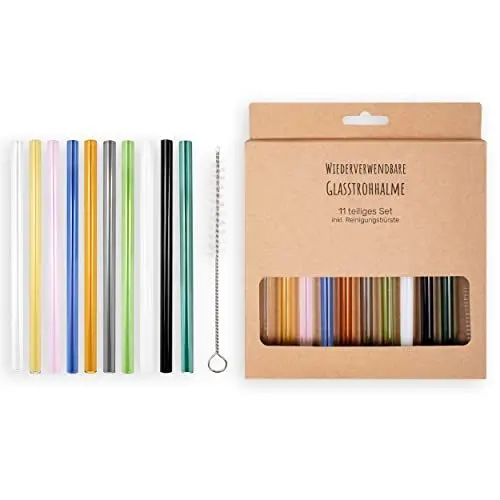 Produktbild: 10 Stück Glasstrohhalme Bunt gemischt | wiederverwendbar | Glastrinkhalm | Spülmaschinenfest | inklusive Reinigungsbürste | 15 cm lang, 10 Stück | +Bürste