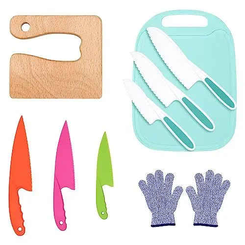Produktbild: 10 Stück Kinder-Küchenmesser-Set zum Schneiden und Kochen von Obst oder Gemüse,Inklusive Holzmesser Schneidebrett Schäler Nylon Knife Schnittschutzhandschuh für Kinder(Krokodil,Blau)