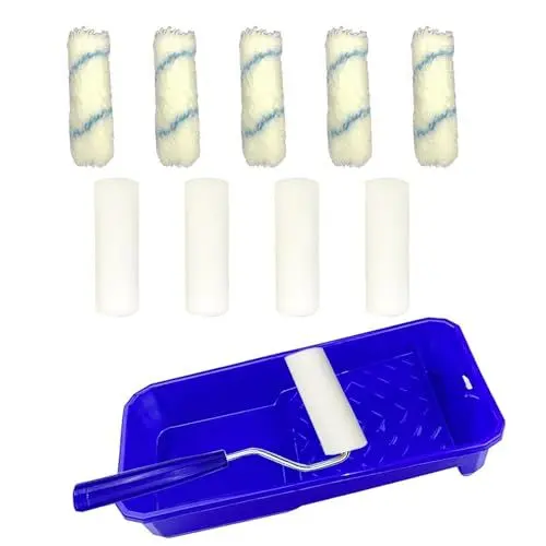 Produktbild: 10 Stück Malerrolle Klein, Farbroller Mini 10 CM Malerset Streichen mit 1 Farbwanne 5 Schaumstoff Lackierwalze 5 Mikrofaser Lackroller 1 Farbrollerständer für Wandfarbe