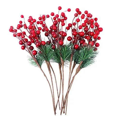 Produktbild: 10 Stück künstliche Weihnachtsblumen rote Beerenstiele künstliche Kiefernstiele für Christbaumschmuck und Wohnkultur