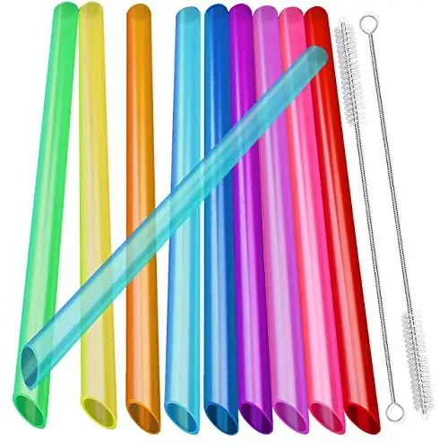 Produktbild: 10 wiederverwendbare Boba-Smoothie-Strohhalme mit 2 Bürsten, 12 mm, mehrfarbige, BPA-freie Kunststoff-Strohhalme für Bubble Tea (Topioka, Perlen), Milchshakes, Säfte mit spitzen Spitzen.