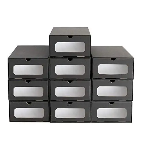 Produktbild: 10 x PresentFill® Schubladenbox Aufbewahrungsbox Schuhbox Schuhschachtel Schuhkarton Ordnungsboxen Schwarz transparent Sichfenster stapelbar aus Pappe Karton Schuhaufbewahrung Schuhorganizer