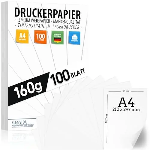 Produktbild: 100 BLATT weißes Druckerpapier 160g/m² – PREMIUM PAPIER Reinweiß - DIN A4-21 x 29,7 cm - Druckerpapier Weiss unbedruckt für Fotografie, Präsentationen, Basteln, Bewerbungspapier - Made in Germany