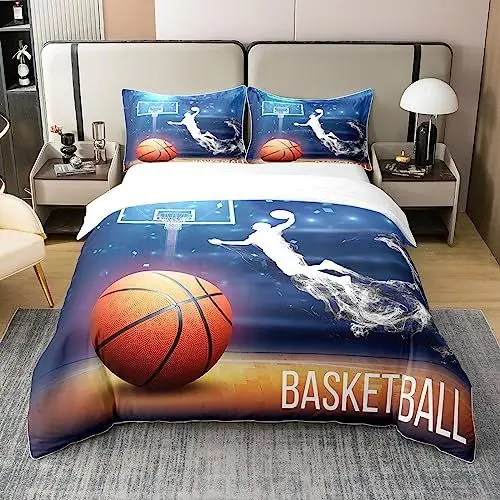 Produktbild: 100% Baumwolle Jungen Basketball Bettbezug 200x200,Basketball Spieler Bettwäsche Set für Kinder,Wettkampfsport Spiel Tröster Bezug,Moderne Basketball Court Bett Sets mit 2 Kissenbezüge