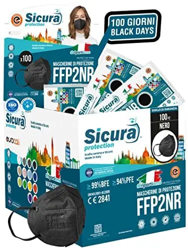 Produktbild: SICURA MASCHERINE CHIRURGICHE 100 FFP2 maske SCHWARZ CE zertifiziert Made in Italy BFE ≥99% Sanitized and individually sealed Italian FFP2 masken EN 149:2001+A1:2009