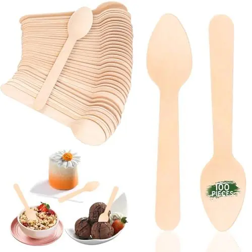 Produktbild: 100 Holzlöffel Einweg - Holzteelöffel (11cm) Biologisch Abbaubar Einwegbesteck Holzbesteck Holz Löffel für Partys & Events, Camping