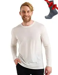 Produktbild: 100% Merino Unterwäsche Herren - Merino Langarmshirt Herren Atmungsaktiv Und Feuchtigkeitsableitend + Wollsocken (165 Off White, Small)