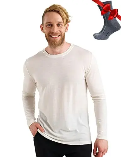 Produktbild: 100% Merino Unterwäsche Herren - Merino Langarmshirt Herren Atmungsaktiv Und Feuchtigkeitsableitend + Wollsocken (165 Off White, Small)