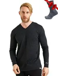Produktbild: 100% Merino Unterwäsche Herren - Merino Langarmshirt Herren Atmungsaktiv Und Feuchtigkeitsableitend + Wollsocken (165 V-Neck Charcoal Grey, Medium)