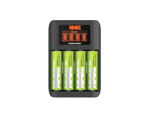 Produktbild: 100% PeakPower Premium Schnellladegerät AA AAA, NiMH Batterie Ladegerät mit Einzelschacht-Ladung und LC-Display, Akku Ladegerät mit 4 Akkus AA Batterien wiederaufladbar