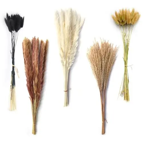 Produktbild: 100 STK Getrocknete Pampasgras Deko, Pampasgras Trockenblumen Deko, Trockenblumenstrauß Boho Deko, inkl Bunny-Tails Blumen, Schilfgrasstrauß, für Deko Wohnzimmer Schlafzimmer Hochzeit Deko Aesthetic