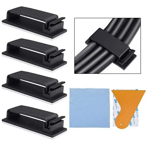 Produktbild: 100er Set Kabelclips mit Klebstoff, Selbstklebende Kabelhalter zur Kabelorganisation für Schreibtische, Inklusive Schaber und Reinigungstuch, Ideal für Kabelmanagement zu Hause und im Büro