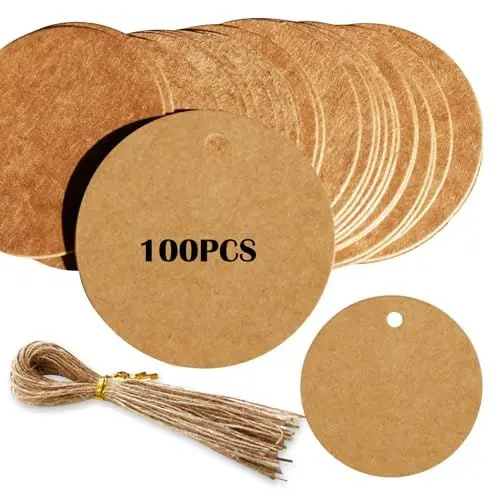 Produktbild: 100 Stück Braun Geschenkanhänger Kraftpapier, 5 cm Durchmesser Kraftpapier Etiketten mit 100 Stück 25cm Juteschnur, Runde Hängeetiketten für Geschenkverpackung, Hochzeiten, Art Craft Projekt