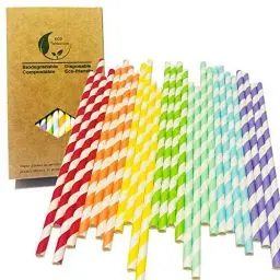 Produktbild: 100 Stück Bunte Gestreifte Strohhalme, 7 Farben Party Cocktail Trinkhalme, 100% Biologisch Abbaubare Papier Trinkhalme Geeignet für Party Decoration