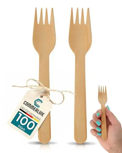 Produktbild: Commerline 100 Stück Einweg Holzlgabeln Besteck, Holzgabel Einweggabel Einwegbesteck, Holzbesteck Holz Einweg Gabel, Einmalgabel Gabeln aus Holz
