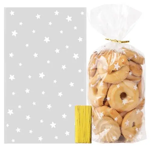 Produktbild: 100 Stück Geschenktüten mit Kabelbinder Transparent Bodenbeutel 14,5x24x6cm Plätzchen Beutel Süßigkeiten Tüten Candybar Bags Partytüten Zellophantüten Geschenke für Weihnachten Party (weiße Sterne)