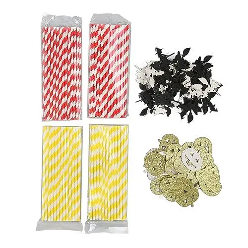 Produktbild: 100 Stück Halloween-Papierstrohhalme mit Kürbis- und Hexenkarten – Dicke, Sichere und Niedliche Partystrohhalme für Familienfeiern Im Büro